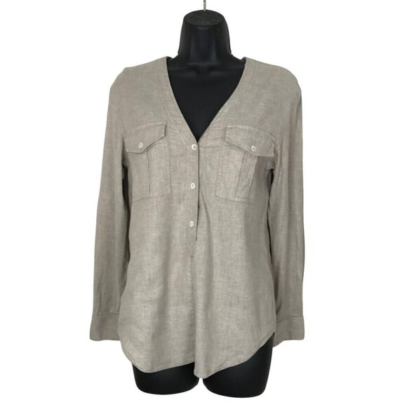 Theory Linen "Trisalta" Sandy neutral Button Down Shirt S - Picture 4 of 8